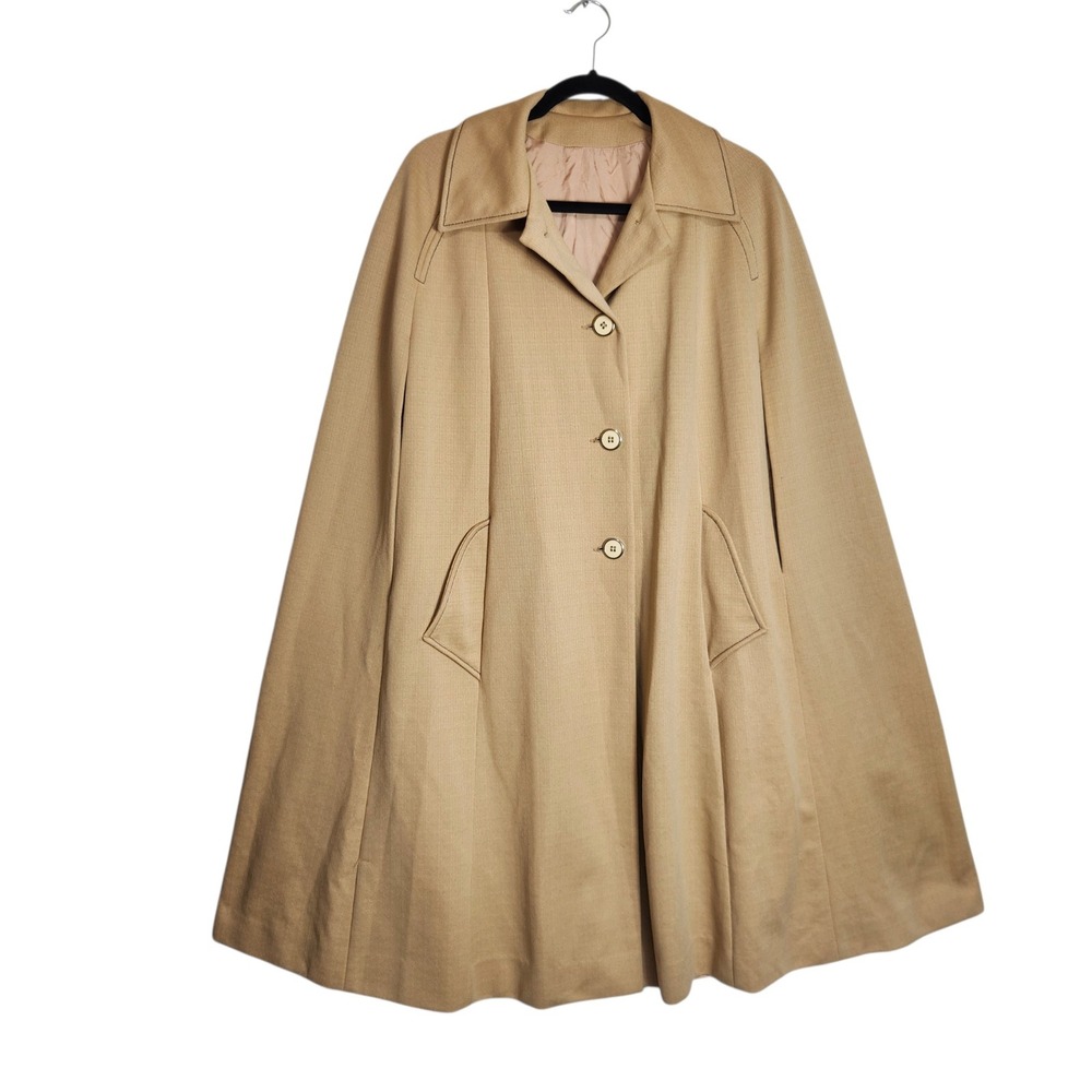Vintage Susan Lynn Tan Camel Cape Coat Button Front Union Made ILGWU Pockets